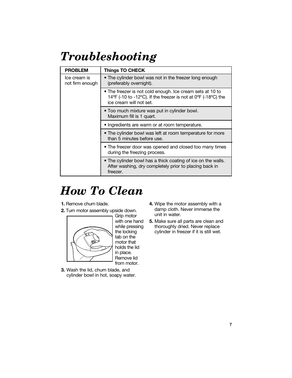 Troubleshooting, How to clean | Hamilton Beach Ice Cream and Frozen Yogurt Maker User Manual | Page 7 / 13