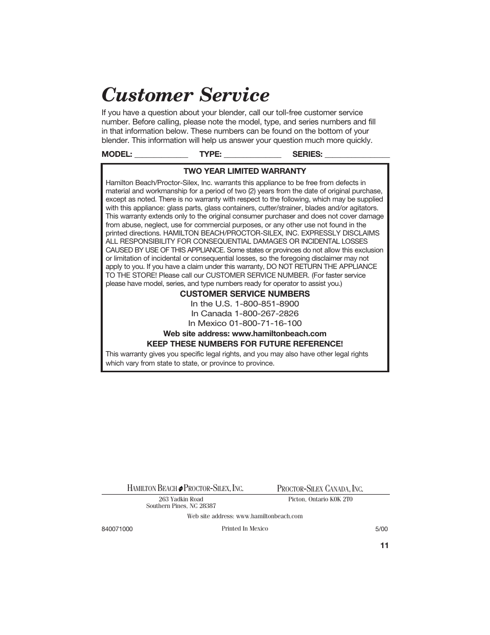 Customer service | Hamilton Beach 840071000 User Manual | Page 11 / 11