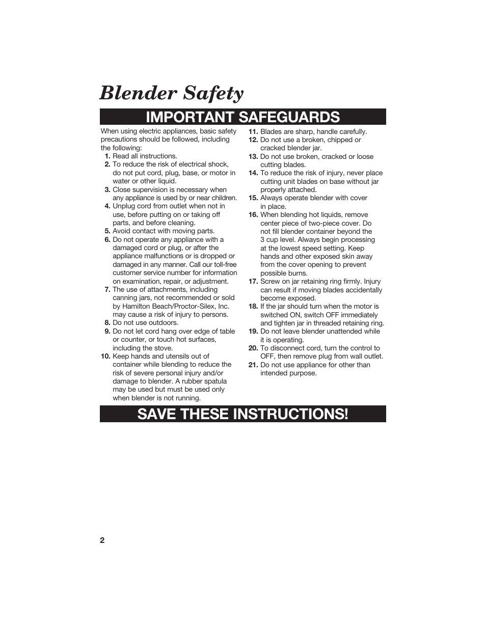 Blender safety, Important safeguards save these instructions | Hamilton Beach 840071000 User Manual | Page 2 / 11