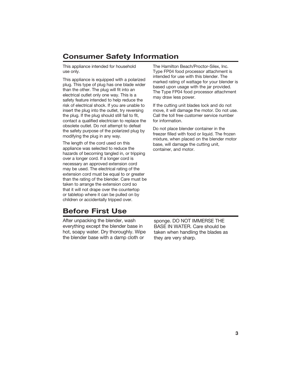 Consumer safety information before first use | Hamilton Beach 840071000 User Manual | Page 3 / 11