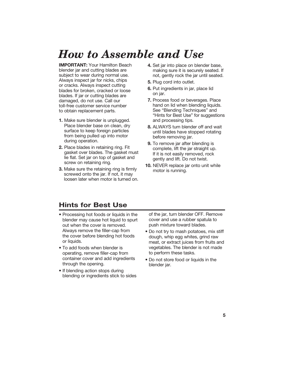 How to assemble and use, Hints for best use | Hamilton Beach 840071000 User Manual | Page 5 / 11