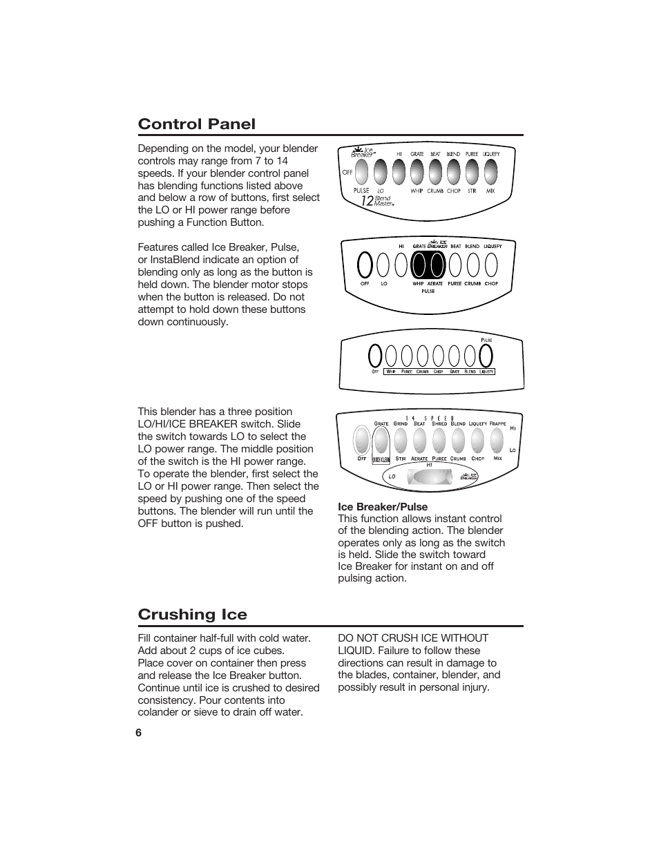 Control panel crushing ice | Hamilton Beach 840071000 User Manual | Page 6 / 11