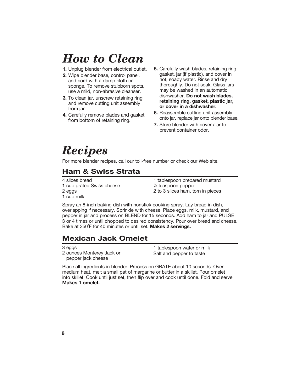 Recipes, How to clean, Ham & swiss strata | Mexican jack omelet | Hamilton Beach 840071000 User Manual | Page 8 / 11