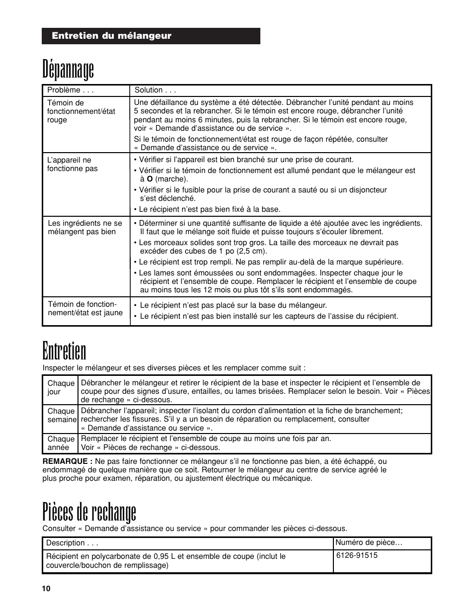 Pièces de rechange, Dépannage, Entretien | Hamilton Beach Tempest Series User Manual | Page 10 / 16