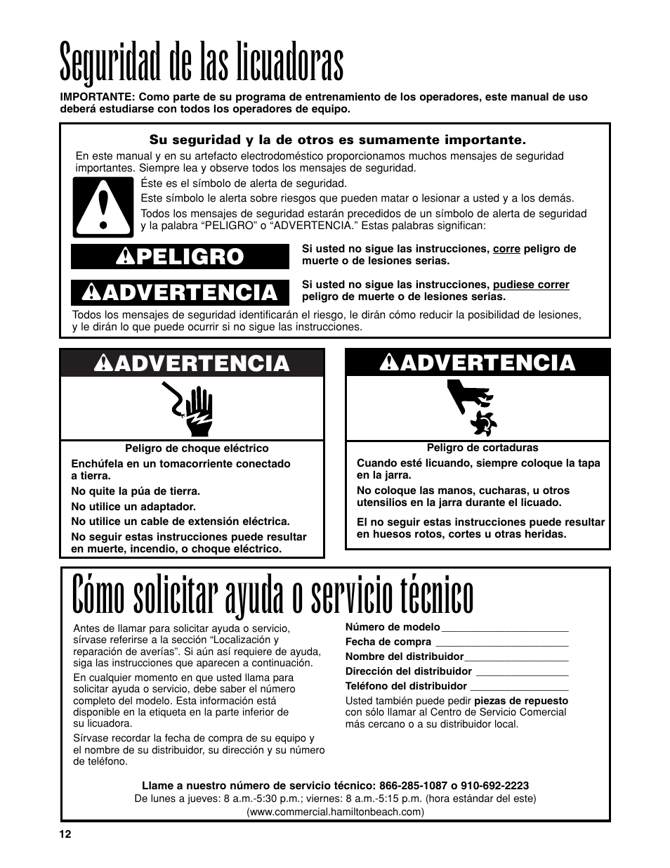 Cómo solicitar ayuda o servicio técnico, Seguridad de las licuadoras, Wadvertencia | Wpeligro w advertencia | Hamilton Beach Tempest Series User Manual | Page 12 / 16