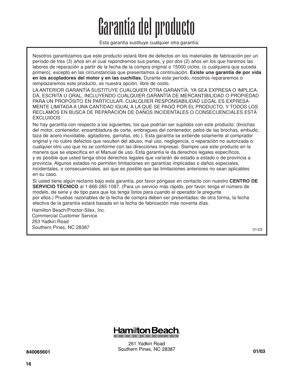 Garantía del producto | Hamilton Beach Tempest Series User Manual | Page 16 / 16