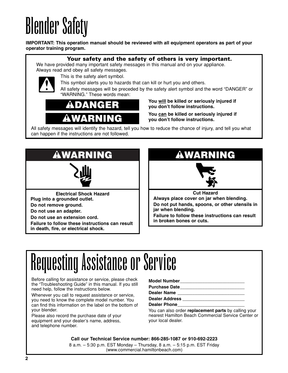 Blender safety, Requesting assistance or service, Wwarning | Wdanger w warning | Hamilton Beach Tempest Series User Manual | Page 2 / 16