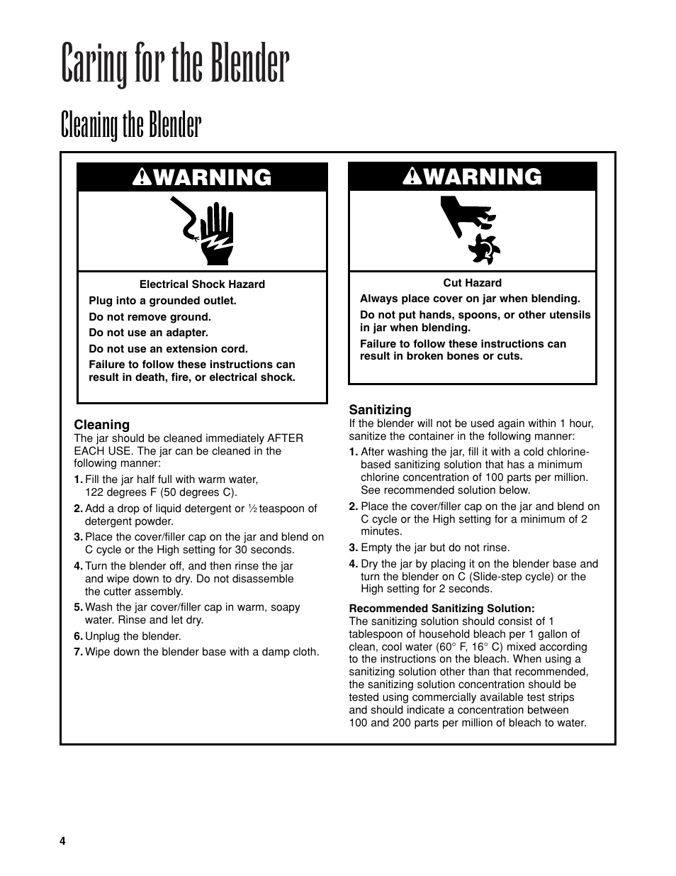 Caring for the blender, Cleaning the blender, Wwarning | Hamilton Beach Tempest Series User Manual | Page 4 / 16