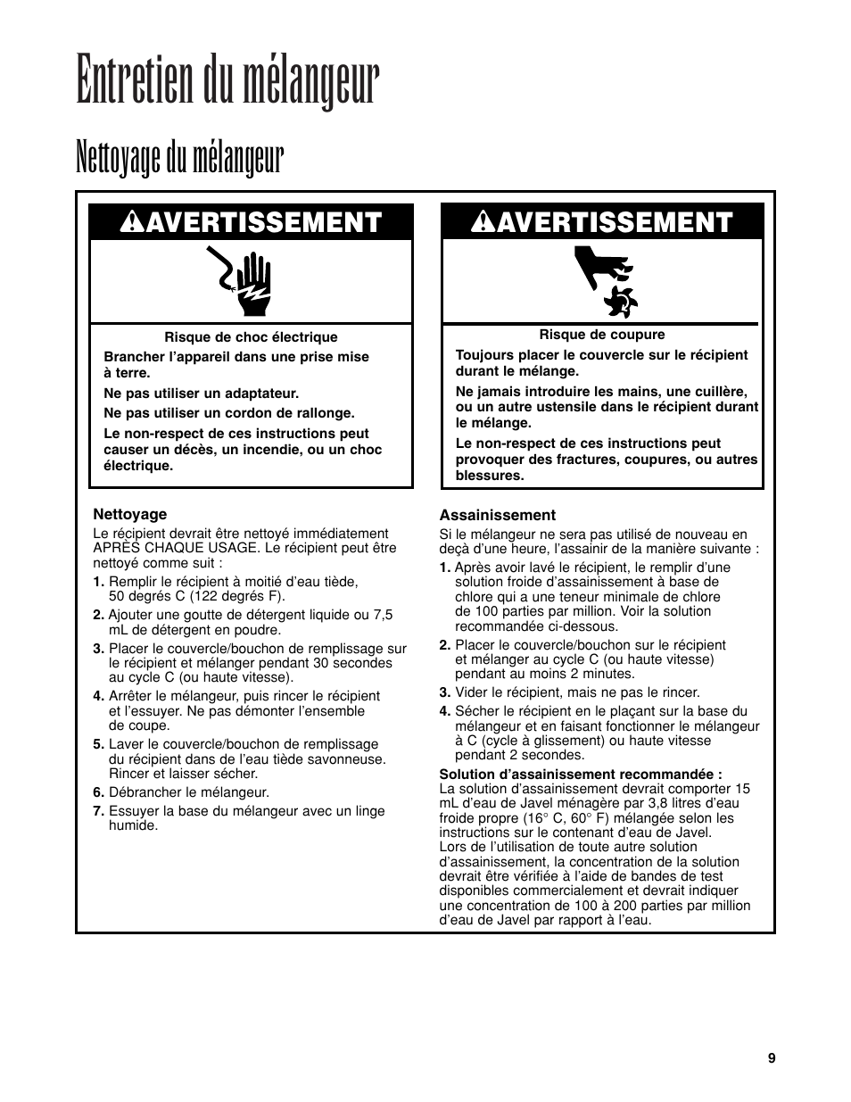 Entretien du mélangeur, Nettoyage du mélangeur, Wavertissement | Hamilton Beach Tempest Series User Manual | Page 9 / 16
