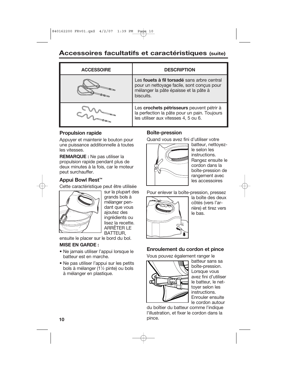 Ccessoires facultatifs et caractéristiques | Hamilton Beach 62695NC User Manual | Page 10 / 20