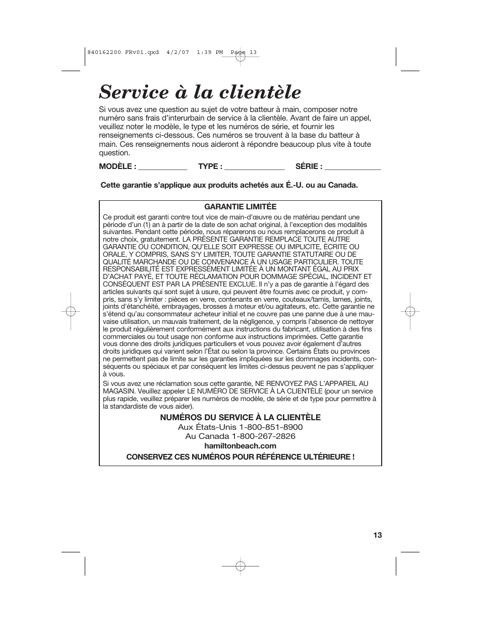 Service à la clientèle | Hamilton Beach 62695NC User Manual | Page 13 / 20