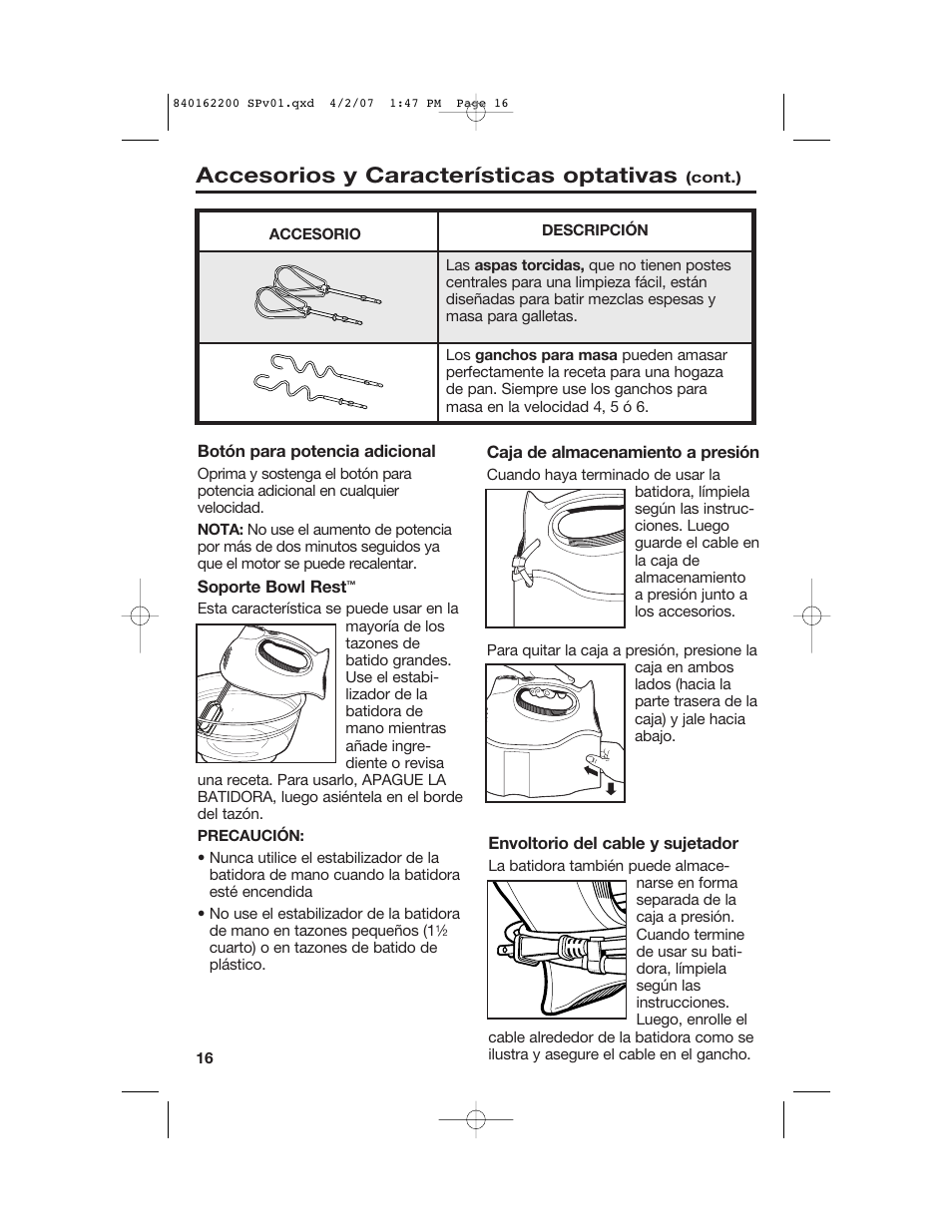 Accesorios y características optativas | Hamilton Beach 62695NC User Manual | Page 16 / 20