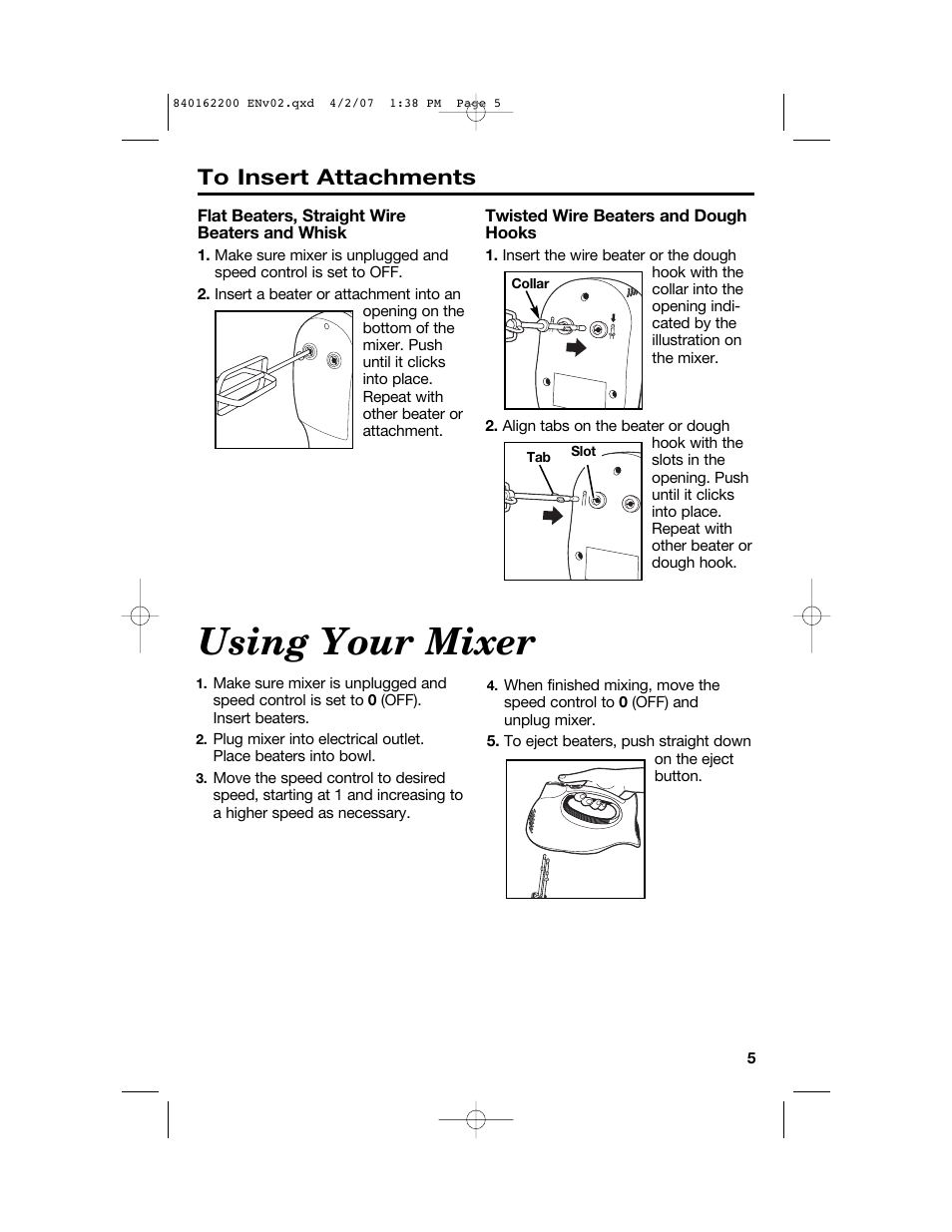 Using your mixer | Hamilton Beach 62695NC User Manual | Page 5 / 20