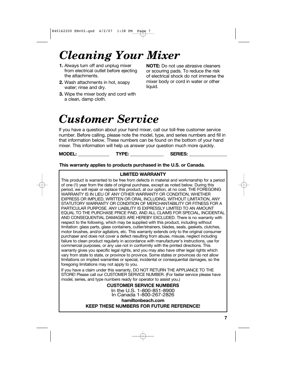 Cleaning your mixer, Customer service | Hamilton Beach 62695NC User Manual | Page 7 / 20