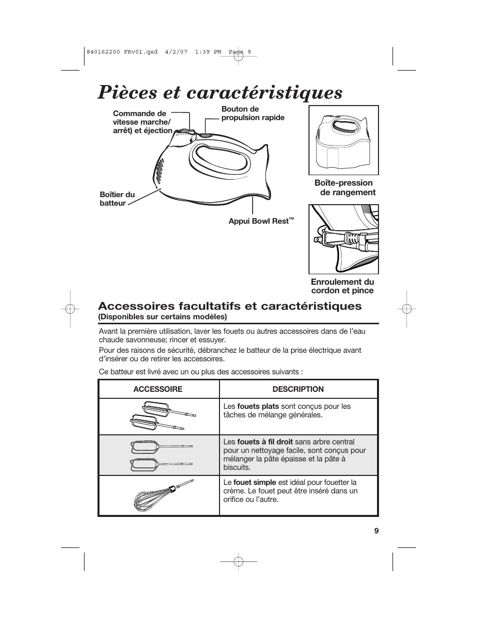 Pièces et caractéristiques, Accessoires facultatifs et caractéristiques | Hamilton Beach 62695NC User Manual | Page 9 / 20