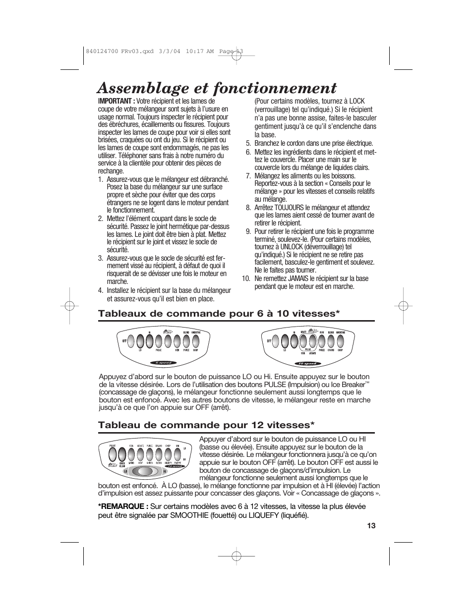 Assemblage et fonctionnement | Hamilton Beach 2254 User Manual | Page 13 / 32