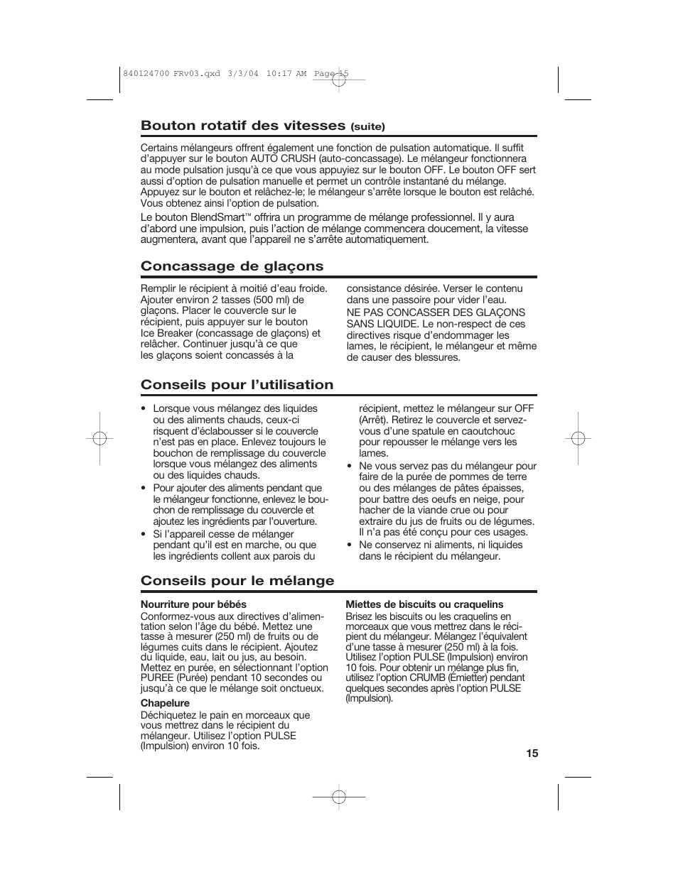 Conseils pour le mélange, Concassage de glaçons, Bouton rotatif des vitesses | Conseils pour l’utilisation | Hamilton Beach 2254 User Manual | Page 15 / 32