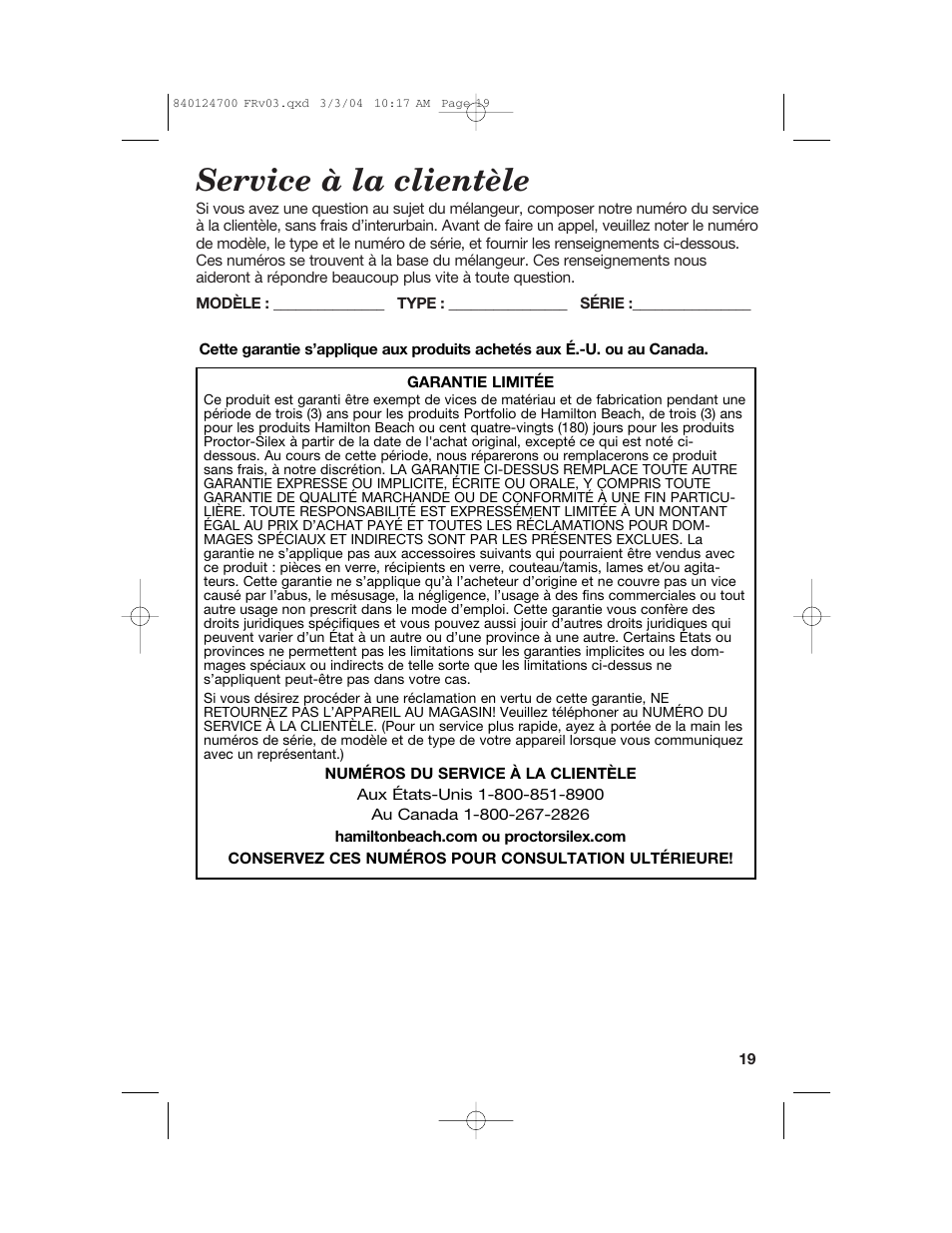 Service à la clientèle | Hamilton Beach 2254 User Manual | Page 19 / 32