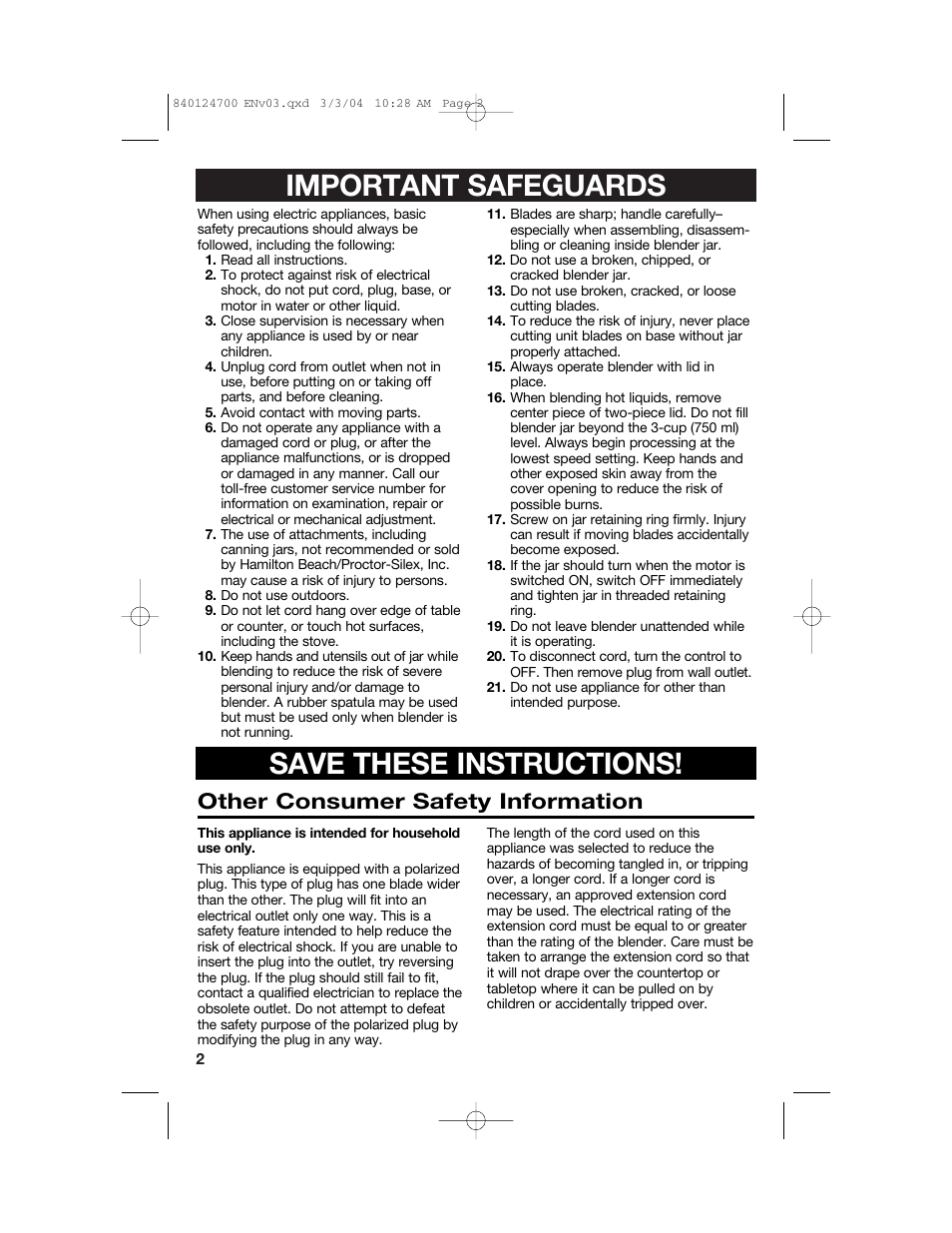 Important safeguards save these instructions, Other consumer safety information | Hamilton Beach 2254 User Manual | Page 2 / 32