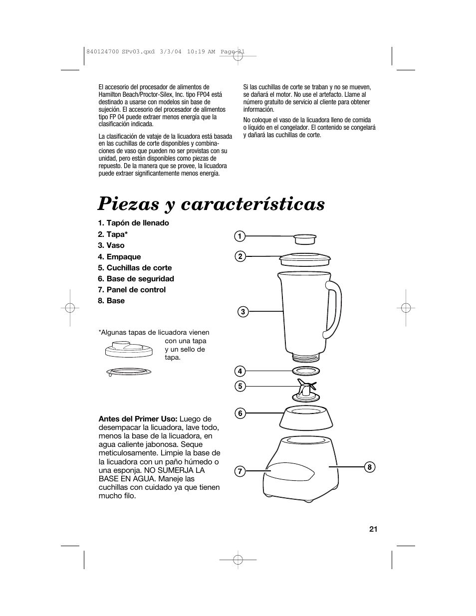 Piezas y características | Hamilton Beach 2254 User Manual | Page 21 / 32