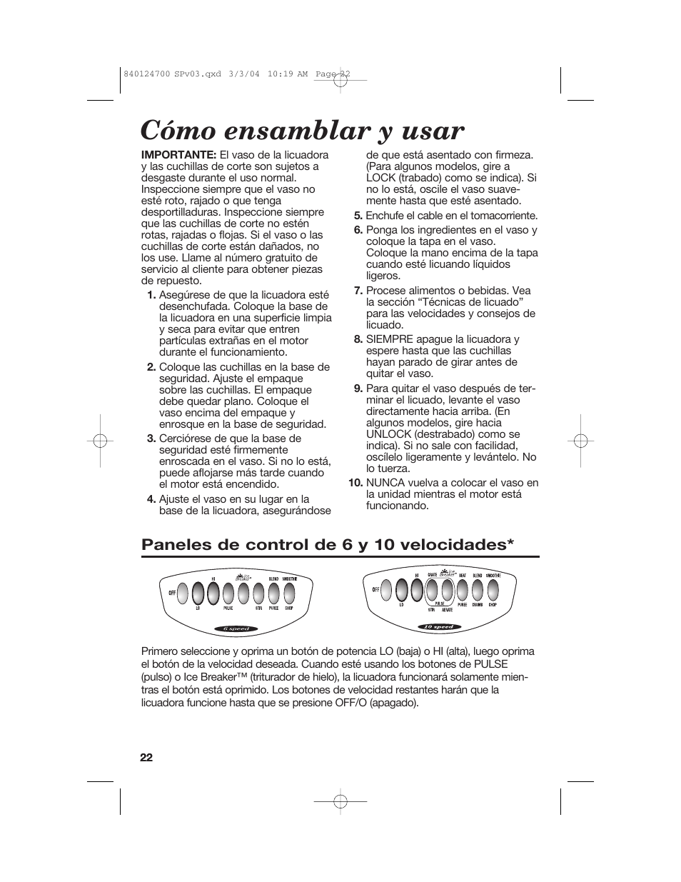 Cómo ensamblar y usar, Paneles de control de 6 y 10 velocidades | Hamilton Beach 2254 User Manual | Page 22 / 32