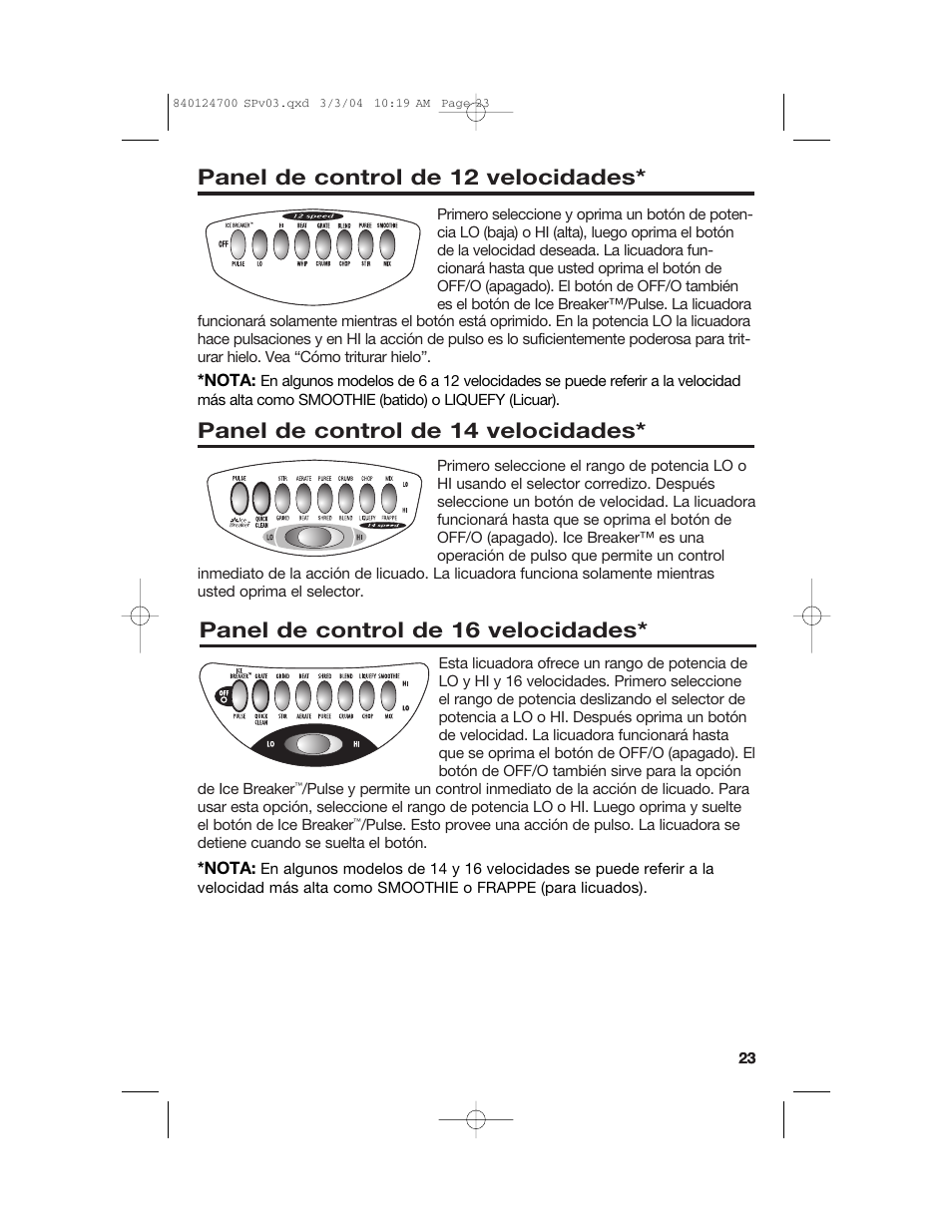 Panel de control de 12 velocidades, Panel de control de 14 velocidades, Panel de control de 16 velocidades | Hamilton Beach 2254 User Manual | Page 23 / 32
