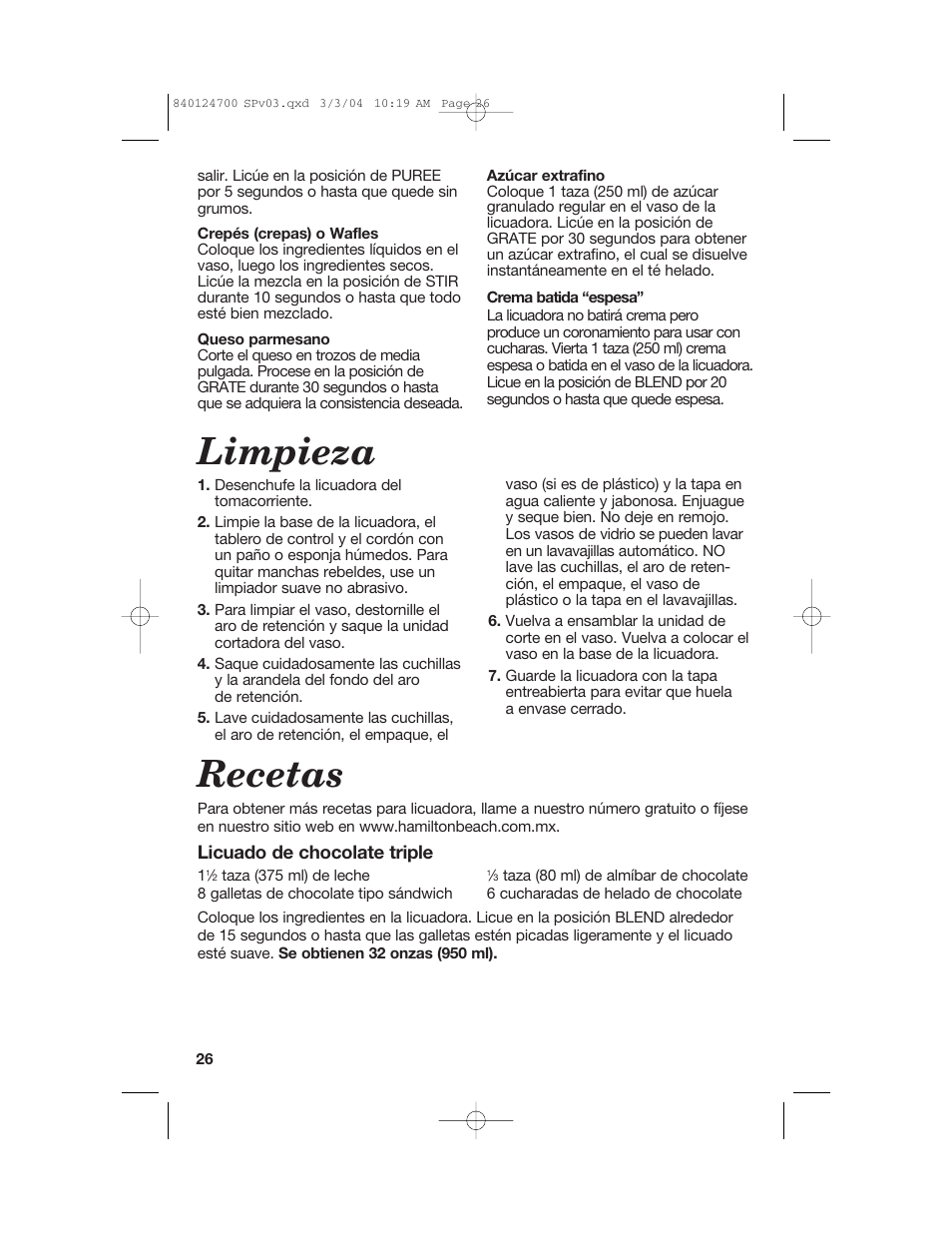 Limpieza, Recetas | Hamilton Beach 2254 User Manual | Page 26 / 32