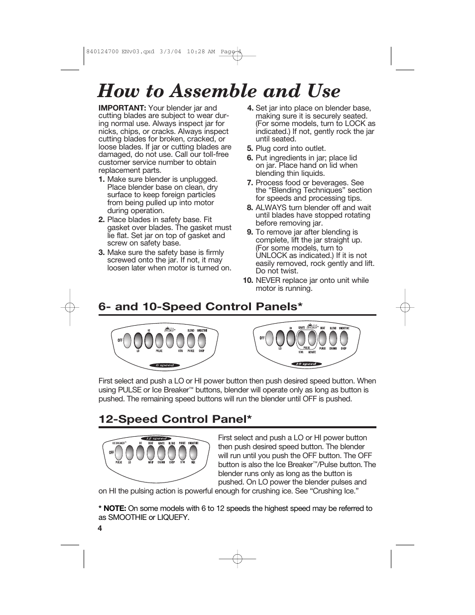 How to assemble and use, Speed control panel, And 10-speed control panels | Hamilton Beach 2254 User Manual | Page 4 / 32