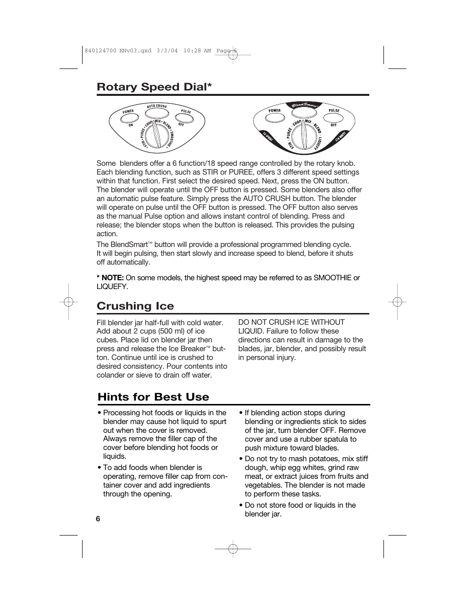 Crushing ice, Rotary speed dial* hints for best use | Hamilton Beach 2254 User Manual | Page 6 / 32
