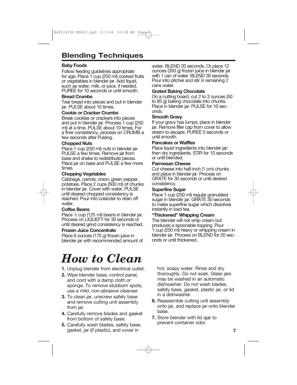 How to clean, Blending techniques | Hamilton Beach 2254 User Manual | Page 7 / 32