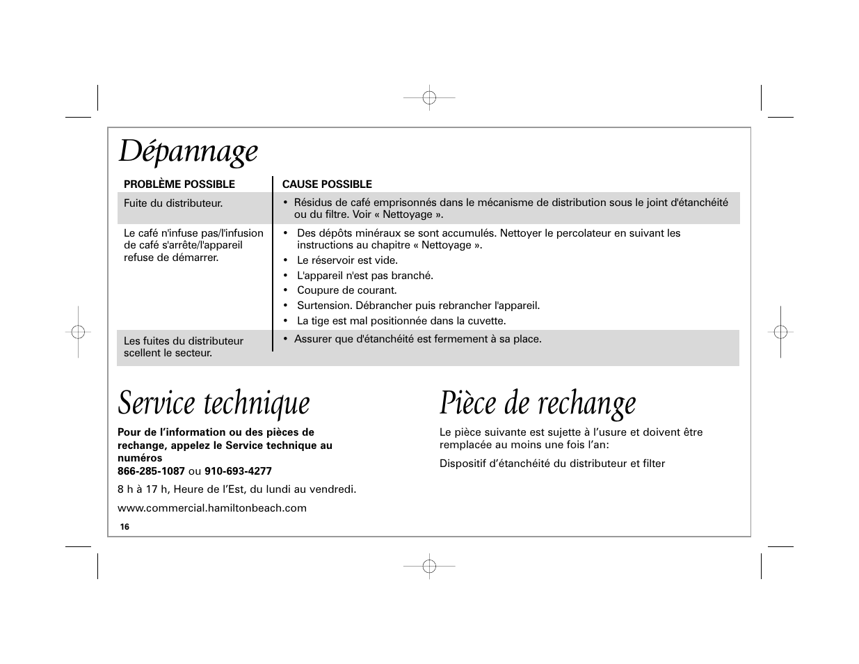 Service technique pièce de rechange, Dépannage | Hamilton Beach 40560 User Manual | Page 16 / 28