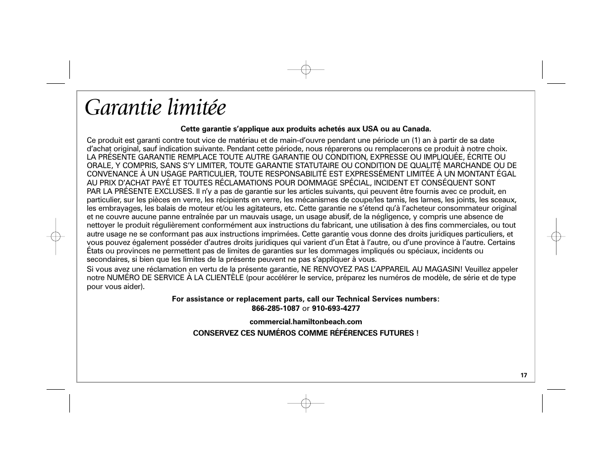 Garantie limitée | Hamilton Beach 40560 User Manual | Page 17 / 28