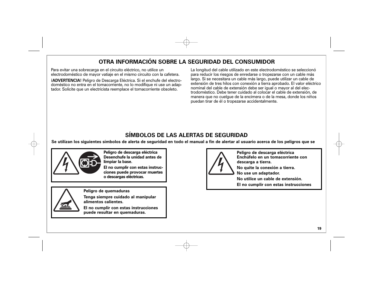 Símbolos de las alertas de seguridad, Otra información sobre la seguridad del consumidor | Hamilton Beach 40560 User Manual | Page 19 / 28