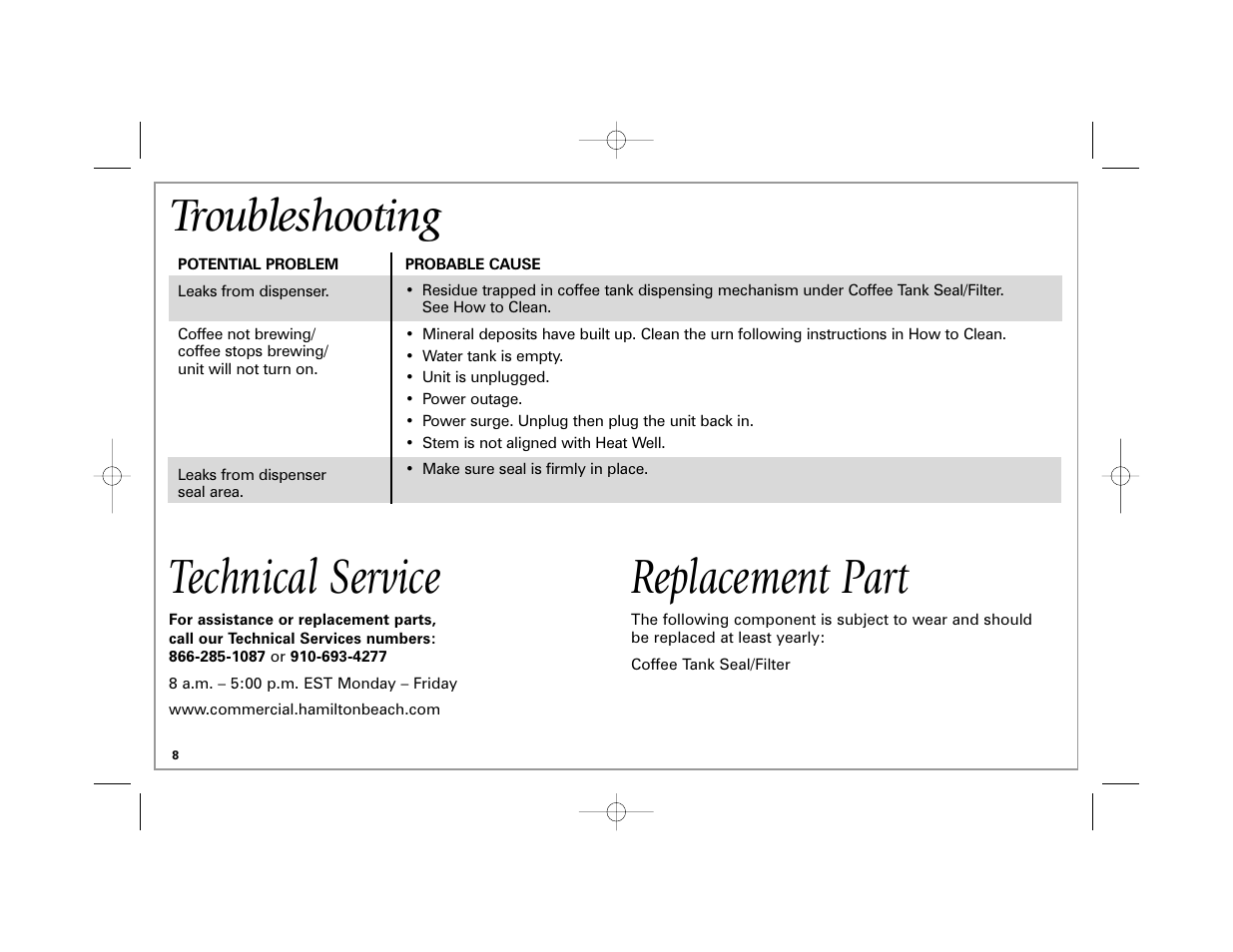 Technical service replacement part, Troubleshooting | Hamilton Beach 40560 User Manual | Page 8 / 28