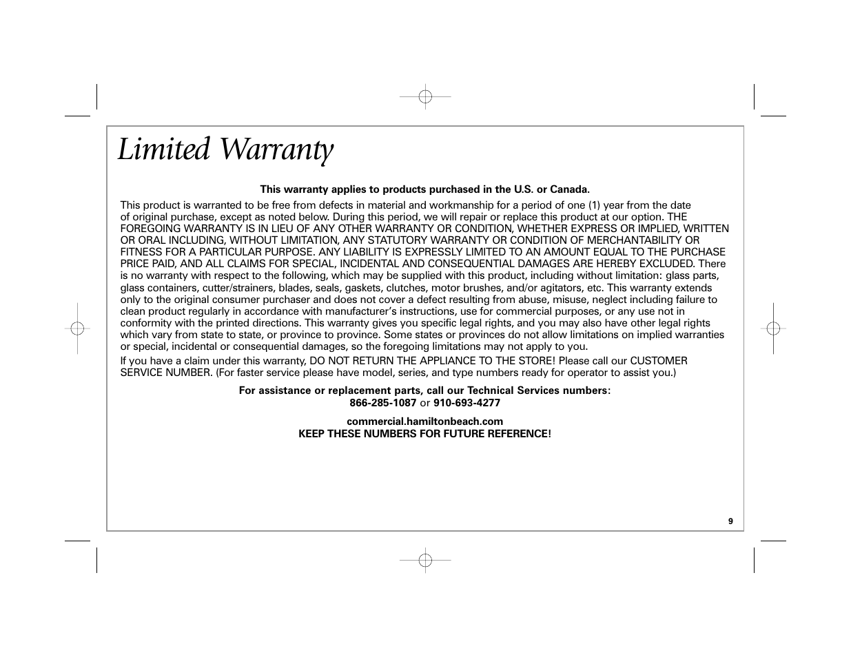 Limited warranty | Hamilton Beach 40560 User Manual | Page 9 / 28