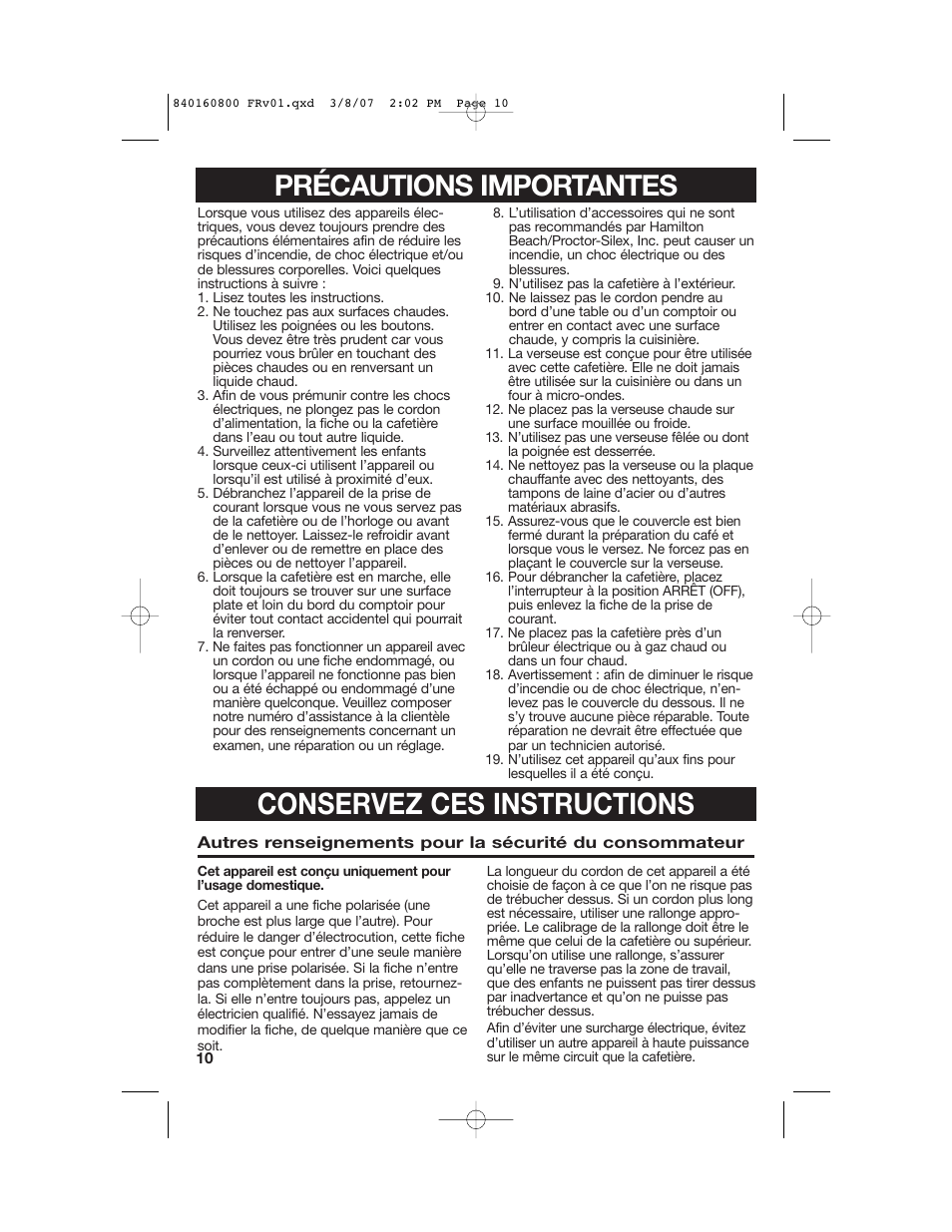 Conservez ces instructions, Précautions importantes | Hamilton Beach 840160800 User Manual | Page 10 / 28