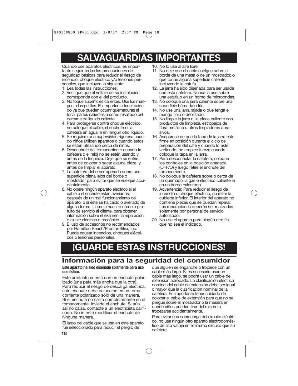 Información para la seguridad del consumidor | Hamilton Beach 840160800 User Manual | Page 18 / 28