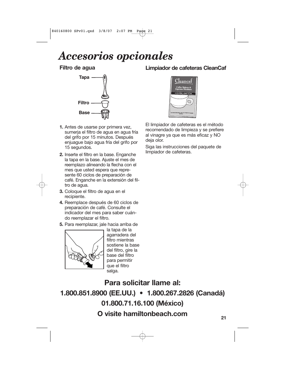Accesorios opcionales, Para solicitar llame al | Hamilton Beach 840160800 User Manual | Page 21 / 28