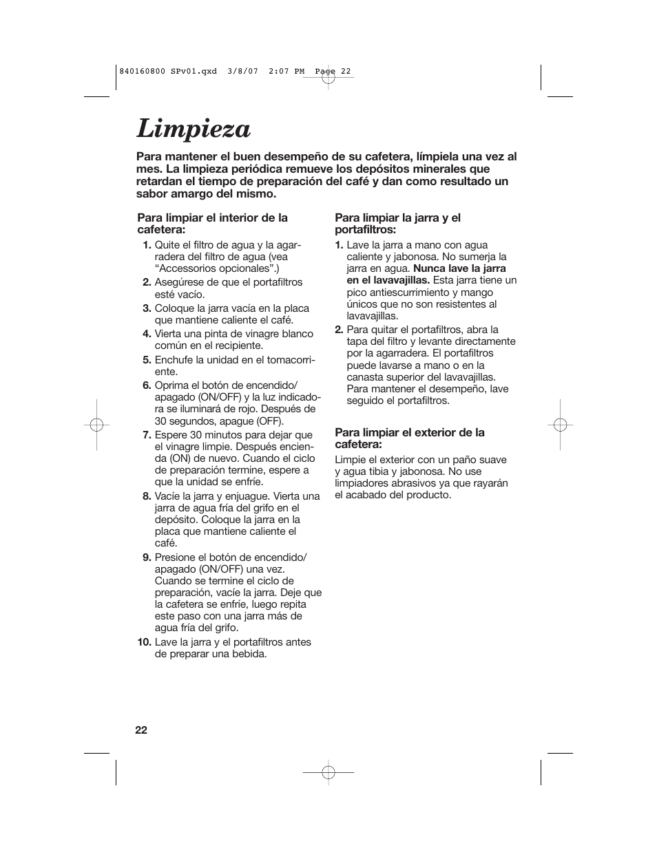 Limpieza | Hamilton Beach 840160800 User Manual | Page 22 / 28