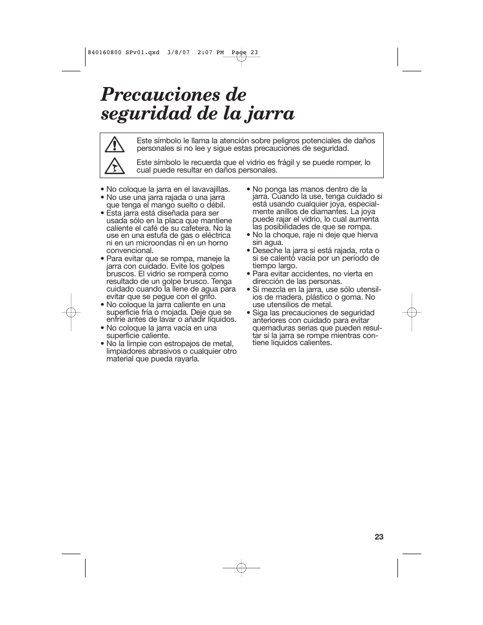 Precauciones de seguridad de la jarra | Hamilton Beach 840160800 User Manual | Page 23 / 28
