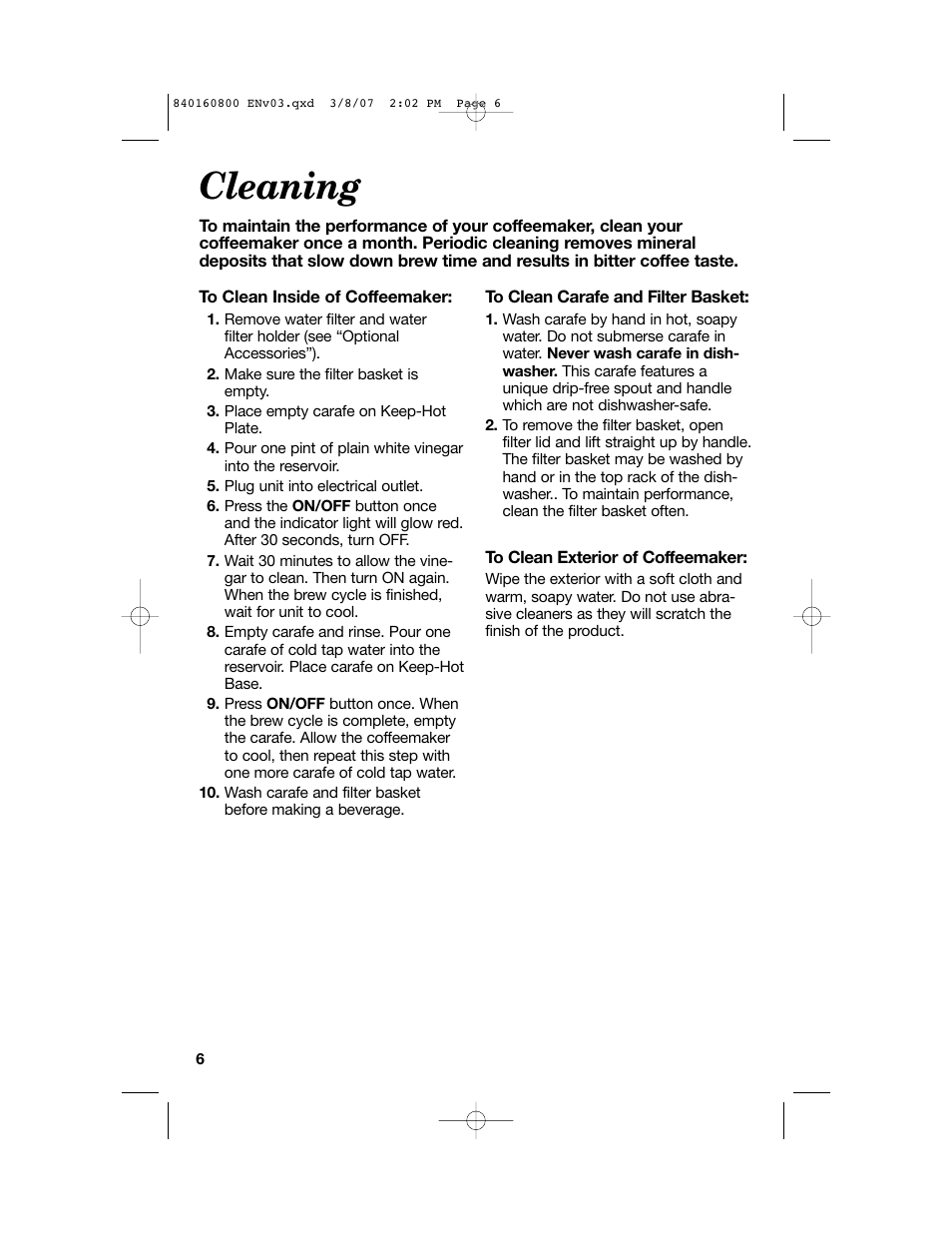 Cleaning | Hamilton Beach 840160800 User Manual | Page 6 / 28