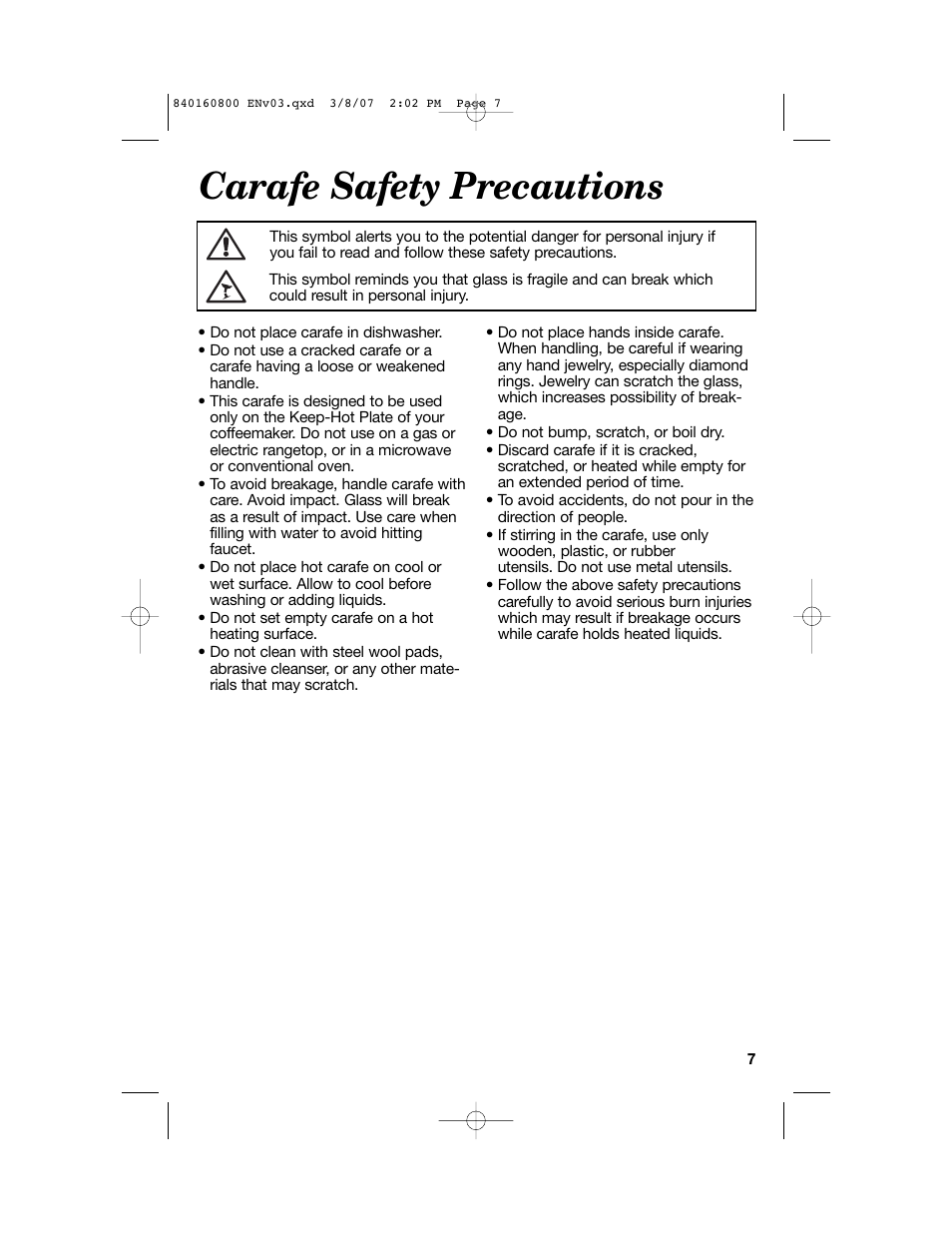 Carafe safety precautions | Hamilton Beach 840160800 User Manual | Page 7 / 28