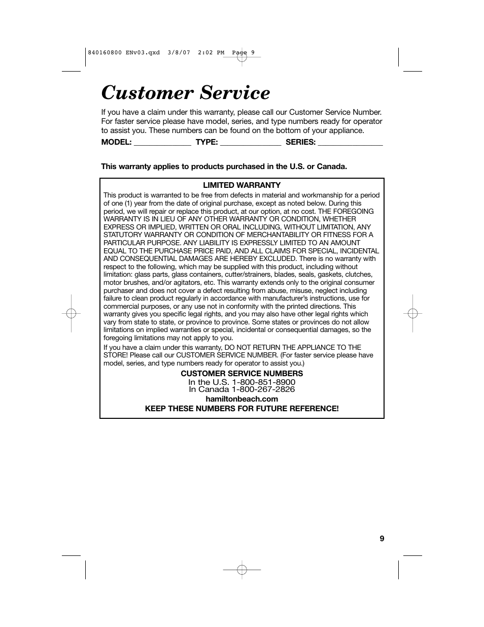 Customer service | Hamilton Beach 840160800 User Manual | Page 9 / 28