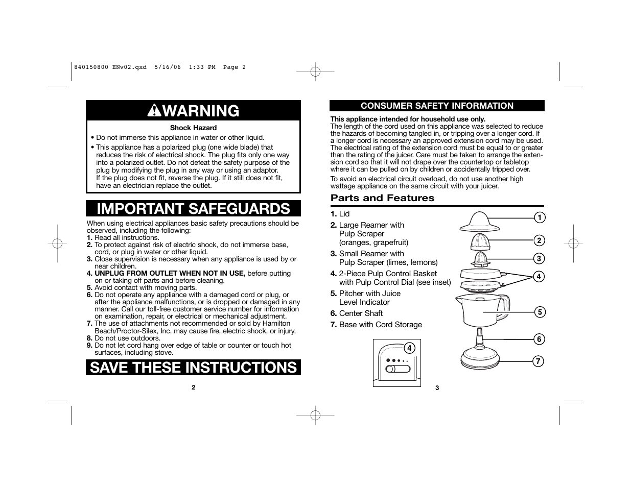 W warning, Save these instructions, Important safeguards | Hamilton Beach 66332 User Manual | Page 2 / 14