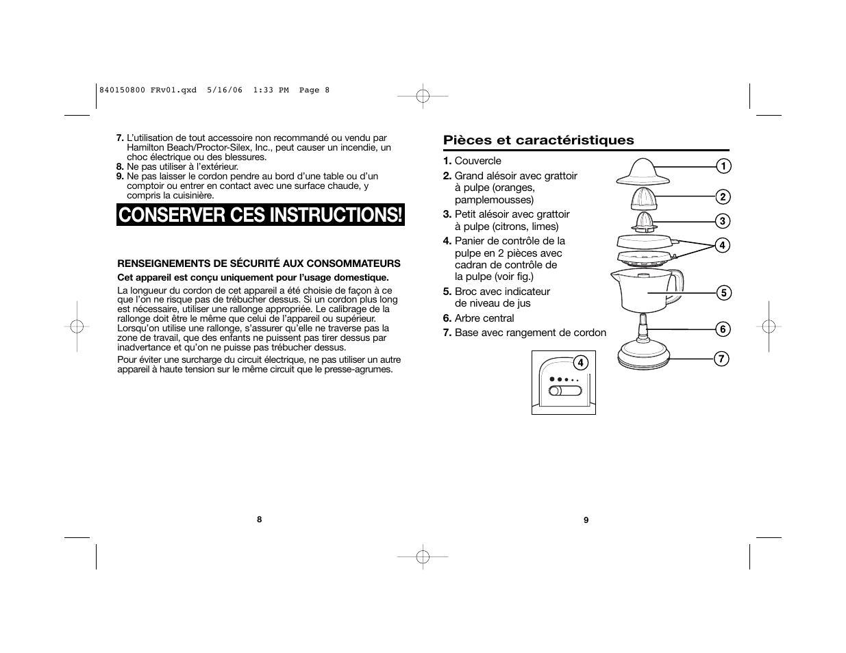 Conserver ces instructions | Hamilton Beach 66332 User Manual | Page 6 / 14