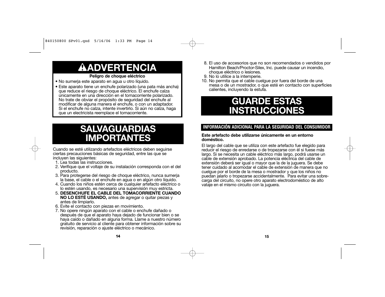 W advertencia | Hamilton Beach 66332 User Manual | Page 9 / 14