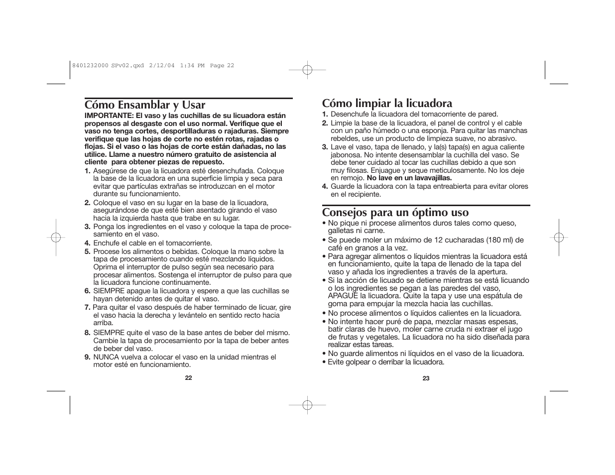 Cómo limpiar la licuadora, Consejos para un óptimo uso, Cómo ensamblar y usar | Hamilton Beach 51101 User Manual | Page 12 / 15