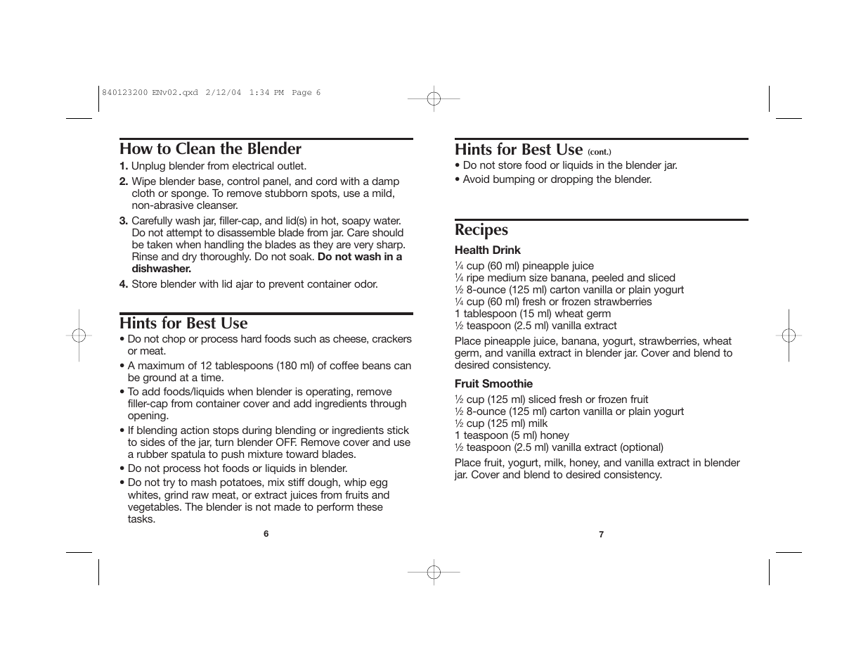 How to clean the blender, Hints for best use, Recipes | Hamilton Beach 51101 User Manual | Page 4 / 15