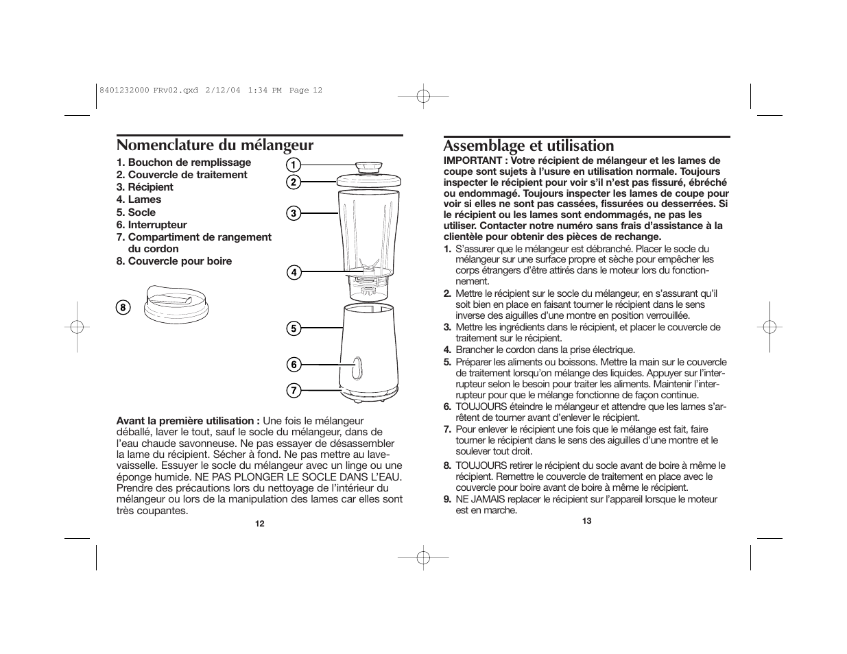 Assemblage et utilisation, Nomenclature du mélangeur | Hamilton Beach 51101 User Manual | Page 7 / 15