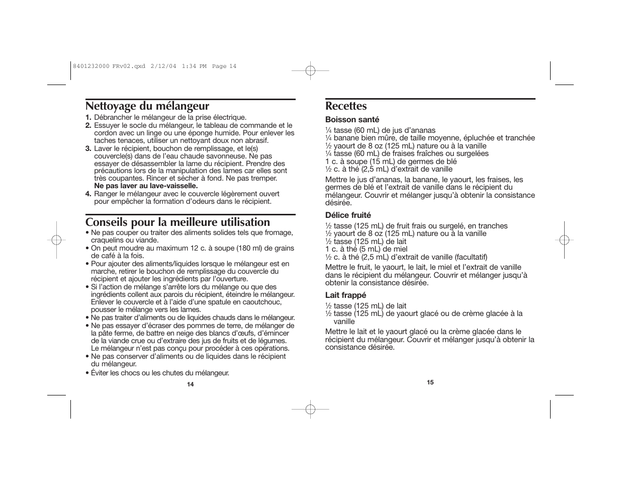 Recettes, Nettoyage du mélangeur, Conseils pour la meilleure utilisation | Hamilton Beach 51101 User Manual | Page 8 / 15